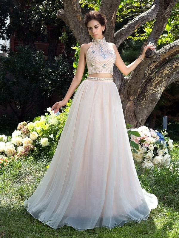 NumberSea - A - Line/Princess High Neck Beading Sleeveless Long Net Two Piece Dresses