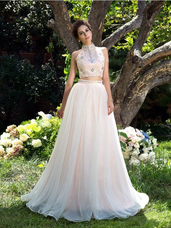 NumberSea - A - Line/Princess High Neck Beading Sleeveless Long Net Two Piece Dresses