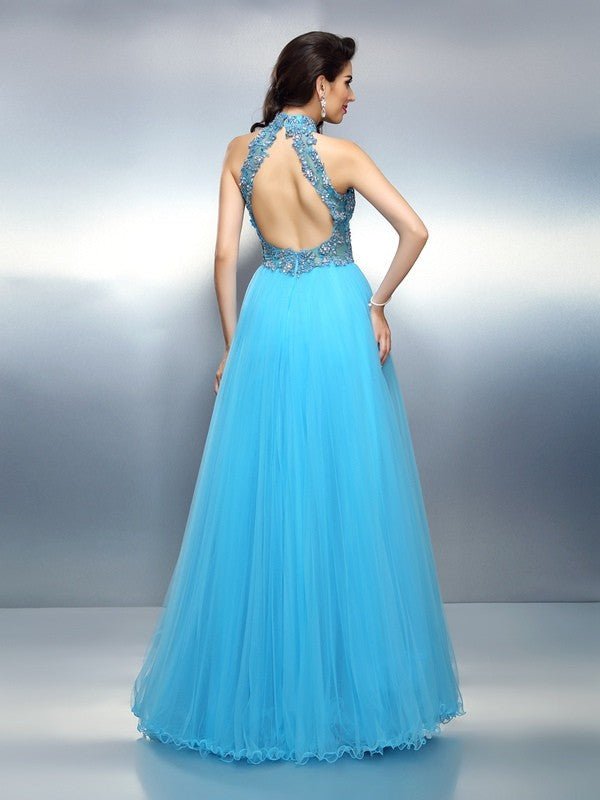 NumberSea - A - Line/Princess High Neck Beading Sleeveless Long Satin Dresses