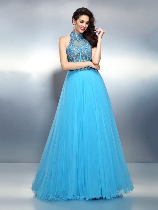 NumberSea - A - Line/Princess High Neck Beading Sleeveless Long Satin Dresses