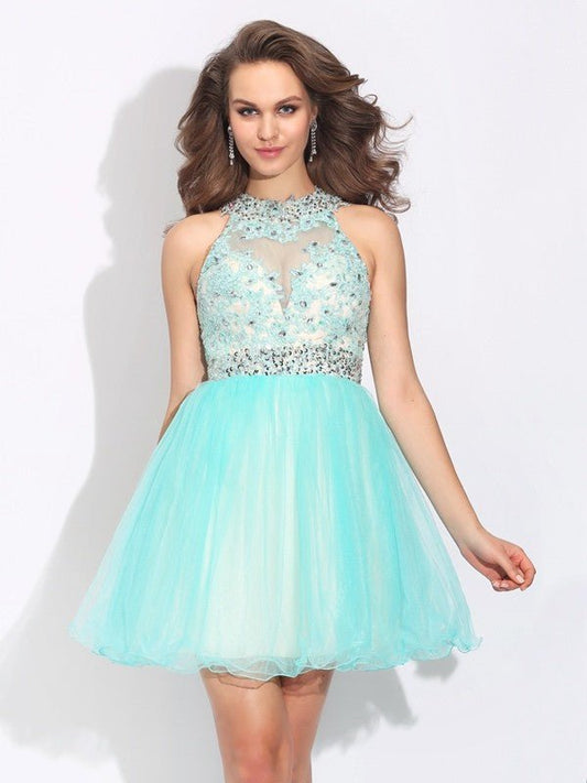 NumberSea - A - Line/Princess High Neck Lace Sleeveless Short Net Dresses