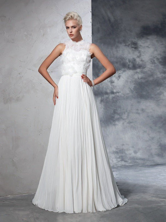 NumberSea - A - Line/Princess High Neck Pleats Sleeveless Long Chiffon Wedding Dresses