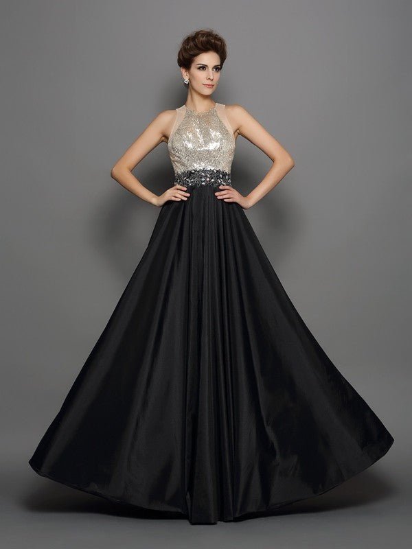 NumberSea - A - Line/Princess High Neck Sequin Sleeveless Long Taffeta Dresses