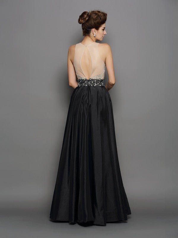 NumberSea - A - Line/Princess High Neck Sequin Sleeveless Long Taffeta Dresses