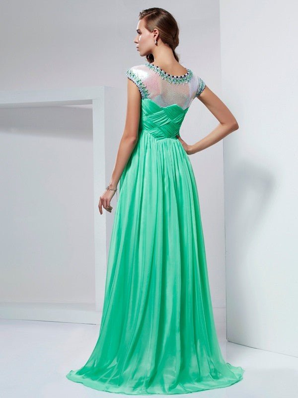 NumberSea - A - Line/Princess High Neck Short Sleeves Ruffles Long Chiffon Dresses