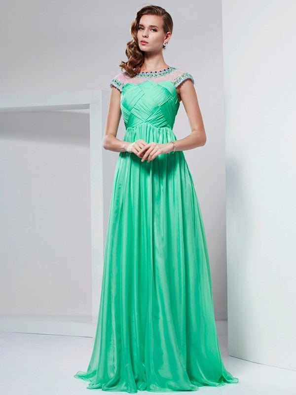 NumberSea - A - Line/Princess High Neck Short Sleeves Ruffles Long Chiffon Dresses