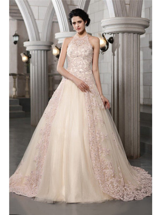 NumberSea - A - Line/Princess High Neck Sleeveless Beading Applique Long Net Wedding Dresses