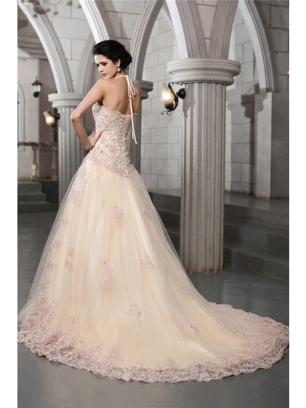 NumberSea - A - Line/Princess High Neck Sleeveless Beading Applique Long Net Wedding Dresses