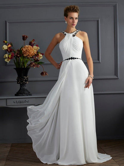 NumberSea - A - Line/Princess High Neck Sleeveless Beading Long Chiffon Dresses