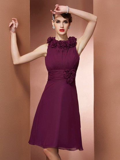 NumberSea - A - Line/Princess High Neck Sleeveless Hand - Made Flower Short Chiffon Bridesmaid Dresses