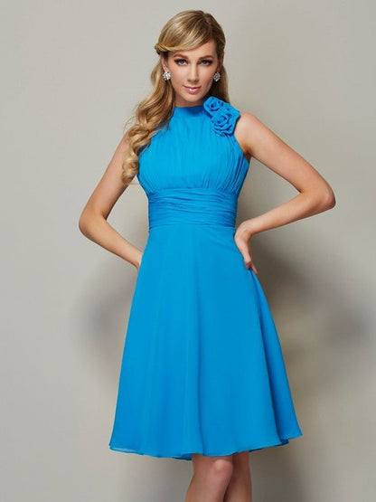 NumberSea - A - Line/Princess High Neck Sleeveless Pleats Short Chiffon Bridesmaid Dresses