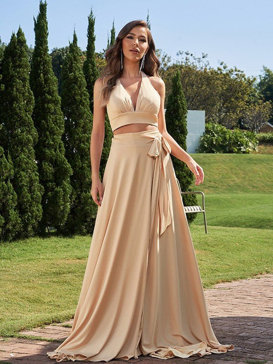 NumberSea - A - Line/Princess Jersey Bowknot Halter Sleeveless Sweep/Brush Train Two Piece Bridesmaid Dresses