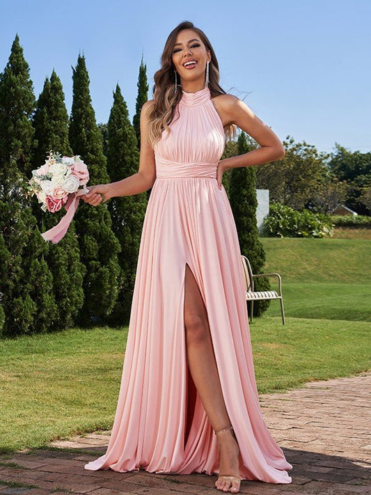 NumberSea - A - Line/Princess Jersey Ruched Halter Sleeveless Floor - Length Bridesmaid Dresses