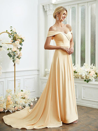 NumberSea - A - Line/Princess Jersey Ruched Off - the - Shoulder Sleeveless Court Train Bridesmaid Dresses