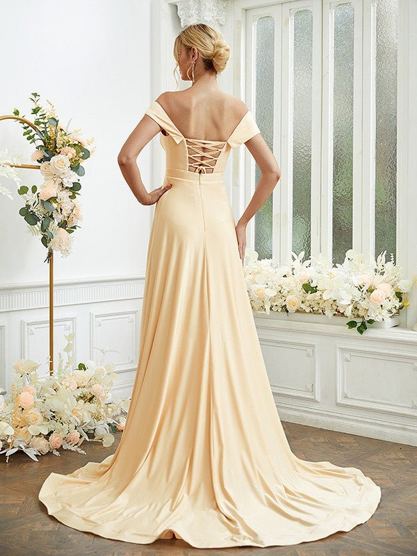 NumberSea - A - Line/Princess Jersey Ruched Off - the - Shoulder Sleeveless Court Train Bridesmaid Dresses