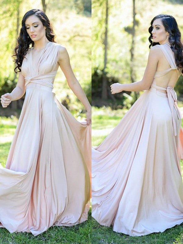 NumberSea - A - Line/Princess Jersey Ruffles V - neck Sleeveless Floor - Length Bridesmaid Dresses