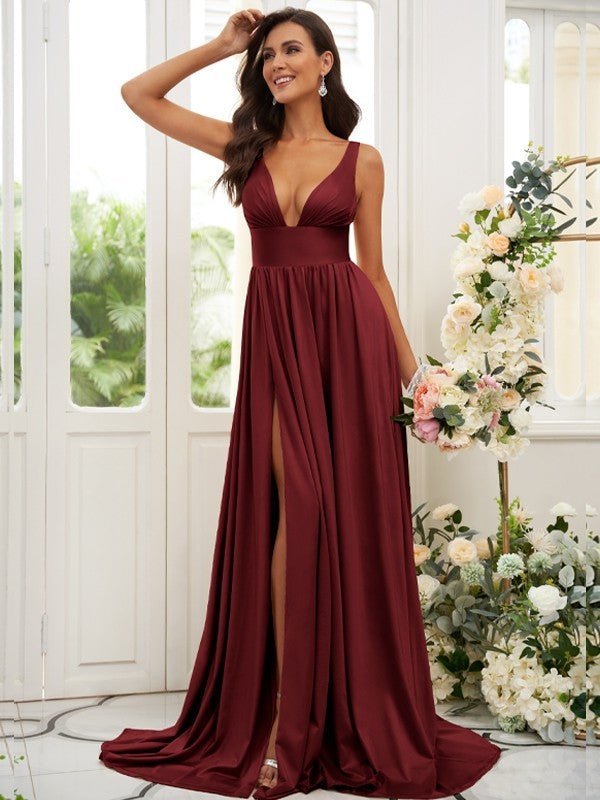 NumberSea - A - Line/Princess Jersey Ruffles V - neck Sleeveless Sweep/Brush Train Bridesmaid Dresses