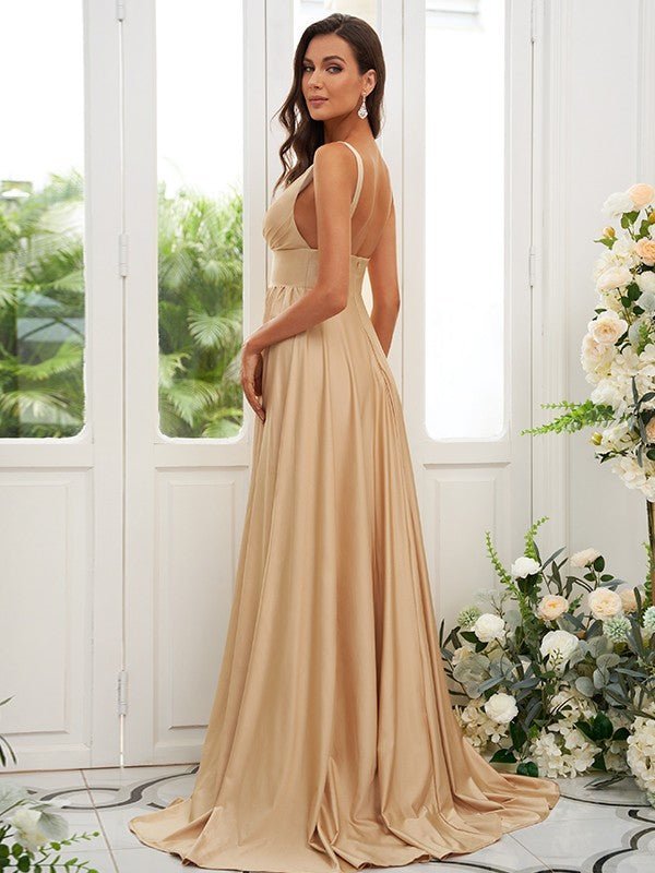 NumberSea - A - Line/Princess Jersey Ruffles V - neck Sleeveless Sweep/Brush Train Bridesmaid Dresses