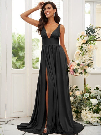 NumberSea - A - Line/Princess Jersey Ruffles V - neck Sleeveless Sweep/Brush Train Bridesmaid Dresses