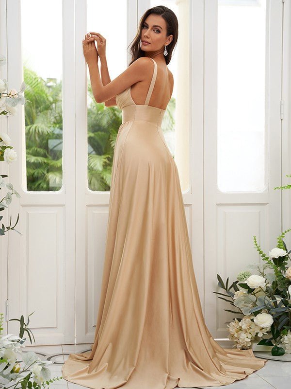 NumberSea - A - Line/Princess Jersey Ruffles V - neck Sleeveless Sweep/Brush Train Bridesmaid Dresses