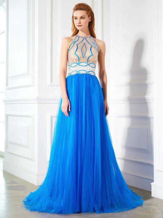 NumberSea - A - Line/Princess Jewel Beading Sleeveless Floor - Length Net Dresses