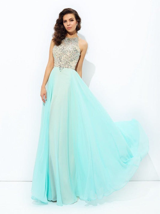 NumberSea - A - line/Princess Jewel Beading Sleeveless Long Chiffon Dresses