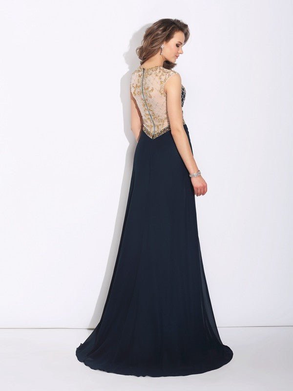 NumberSea - A - Line/Princess Jewel Beading Sleeveless Long Chiffon Dresses