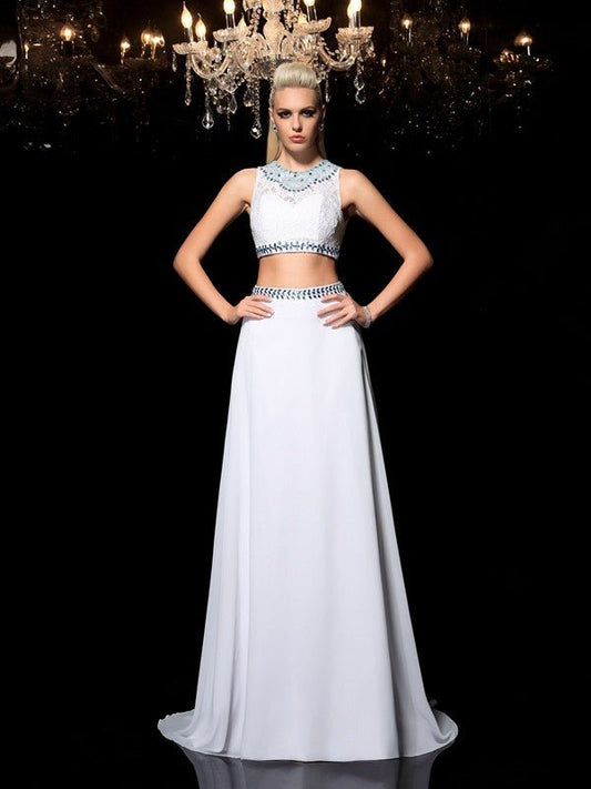 NumberSea - A - Line/Princess Jewel Beading Sleeveless Long Chiffon Two Piece Dresses