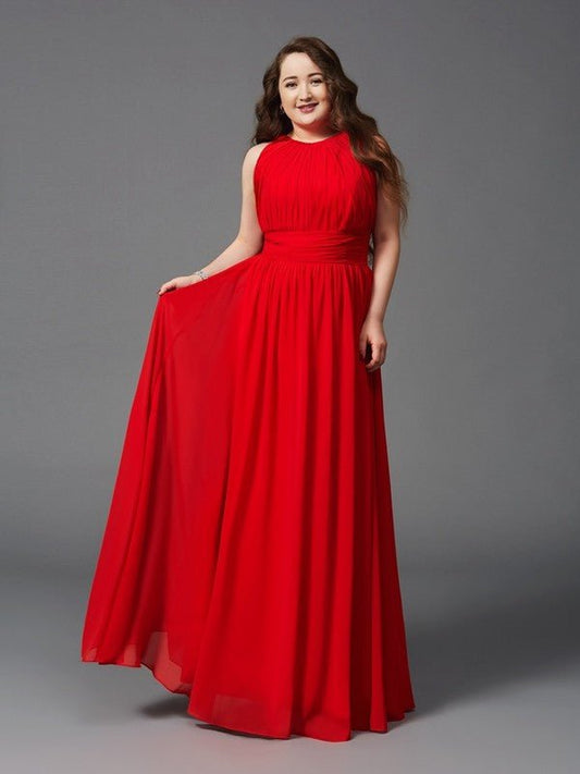 NumberSea - A - Line/Princess Jewel Ruched Sleeveless Long Chiffon Plus Size Dresses