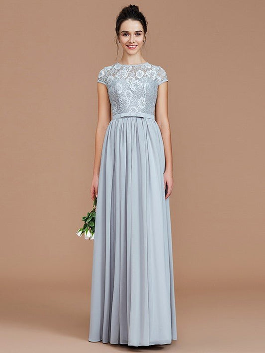 NumberSea - A - Line/Princess Jewel Short Sleeves Lace Floor - Length Chiffon Bridesmaid Dresses