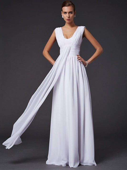 NumberSea - A - Line/Princess Jewel Sleeveless Pleats Long Chiffon Dresses