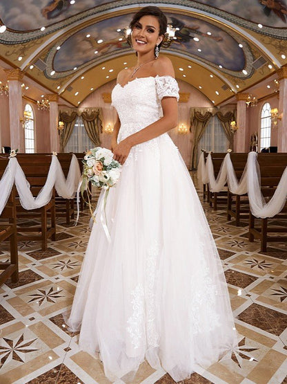 NumberSea - A - Line/Princess Lace Applique Off - the - Shoulder Short Sleeves Sweep/Brush Train Wedding Dresses