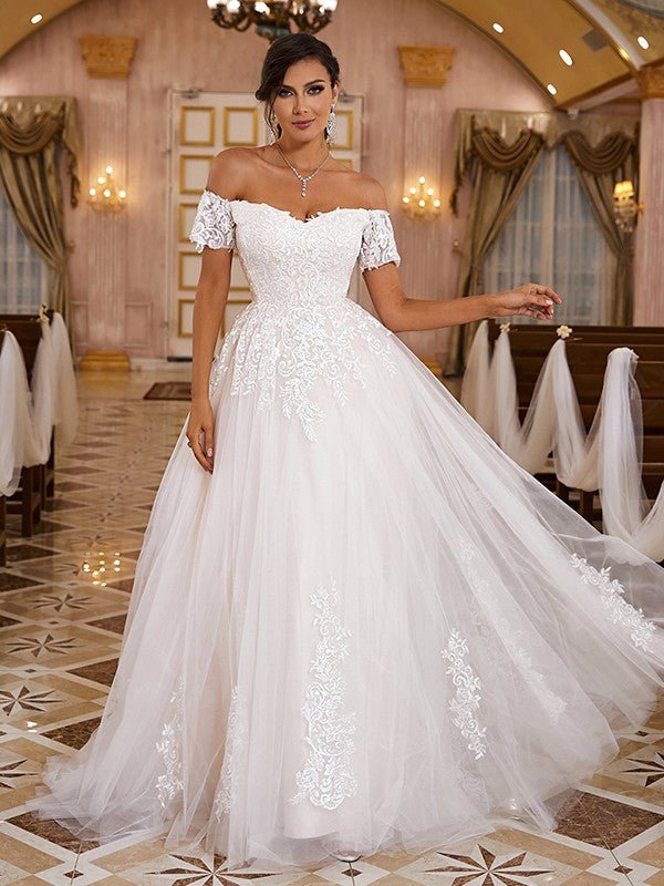 NumberSea - A - Line/Princess Lace Applique Off - the - Shoulder Short Sleeves Sweep/Brush Train Wedding Dresses