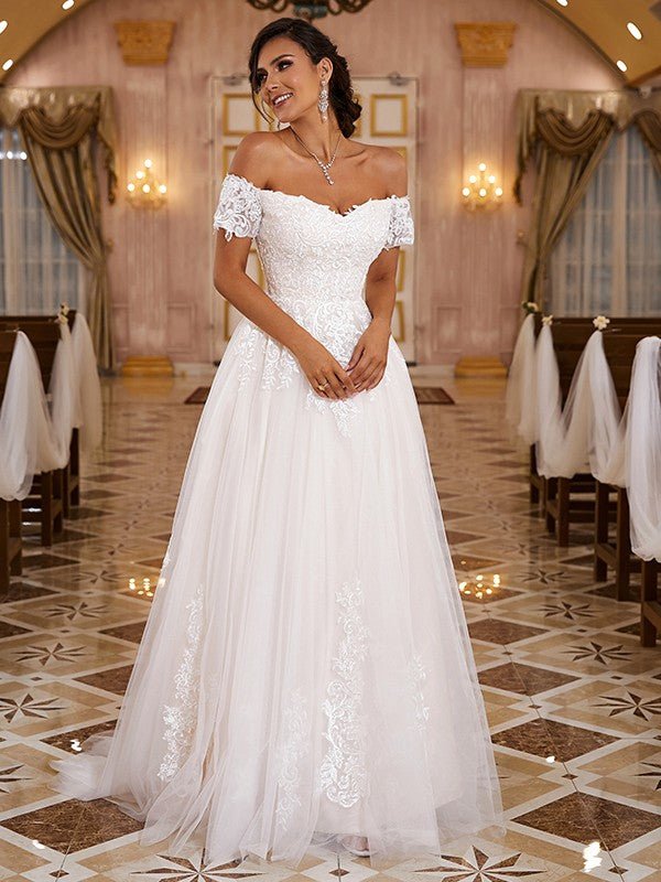 NumberSea - A - Line/Princess Lace Applique Off - the - Shoulder Short Sleeves Sweep/Brush Train Wedding Dresses