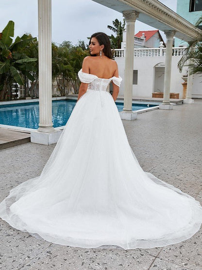 NumberSea - A - Line/Princess Lace Applique Off - the - Shoulder Sleeveless Sweep/Brush Train Wedding Dresses