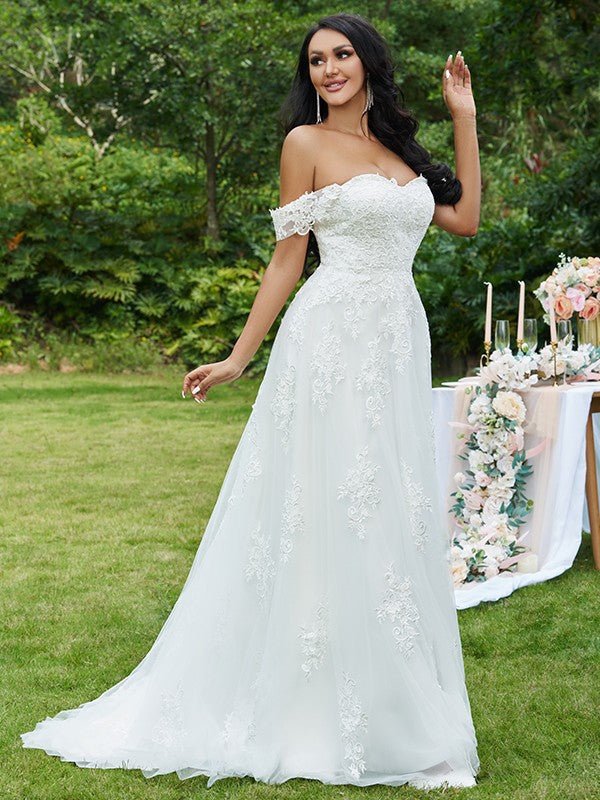 NumberSea - A - Line/Princess Lace Applique Off - the - Shoulder Sleeveless Sweep/Brush Train Wedding Dresses