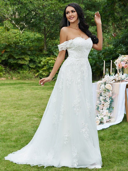 NumberSea - A - Line/Princess Lace Applique Off - the - Shoulder Sleeveless Sweep/Brush Train Wedding Dresses