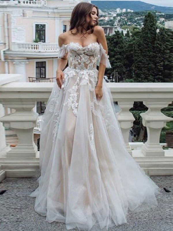 NumberSea - A - Line/Princess Lace Applique Off - the - Shoulder Sleeveless Sweep/Brush Train Wedding Dresses