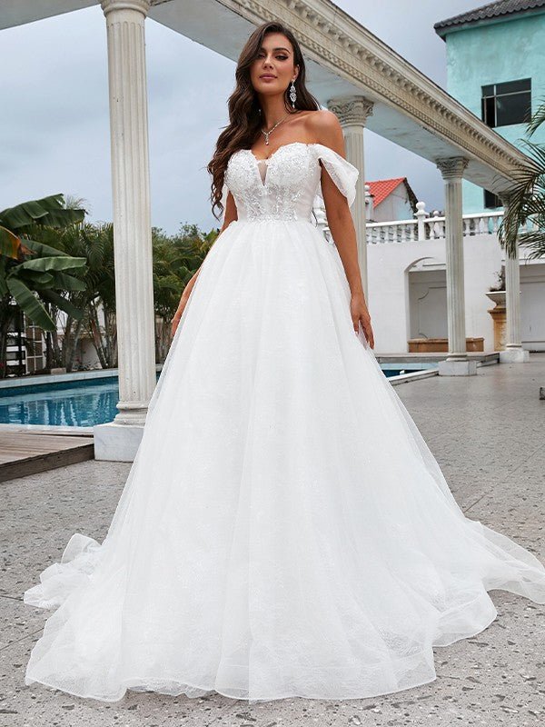 NumberSea - A - Line/Princess Lace Applique Off - the - Shoulder Sleeveless Sweep/Brush Train Wedding Dresses