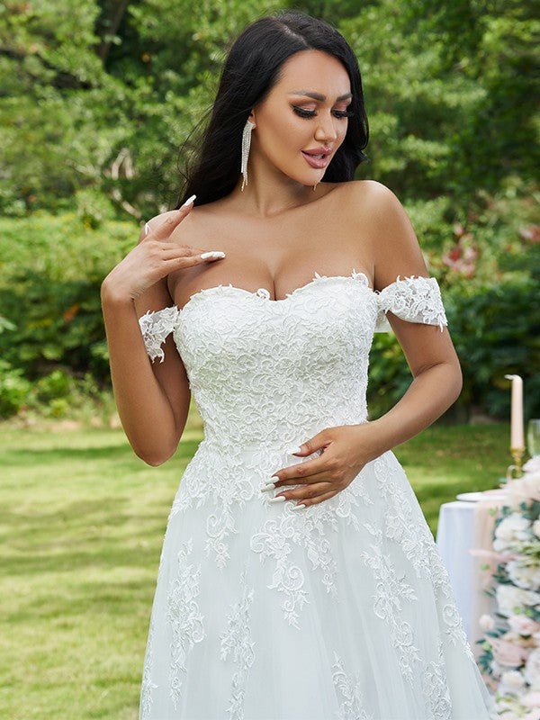 NumberSea - A - Line/Princess Lace Applique Off - the - Shoulder Sleeveless Sweep/Brush Train Wedding Dresses