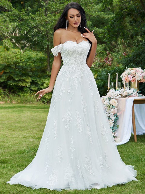 NumberSea - A - Line/Princess Lace Applique Off - the - Shoulder Sleeveless Sweep/Brush Train Wedding Dresses