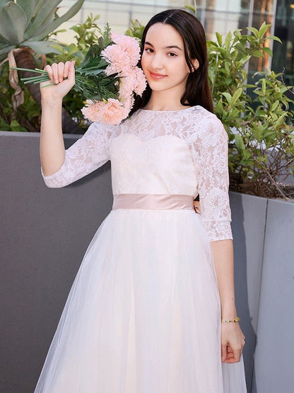 NumberSea - A - Line/Princess Lace Applique Scoop 3/4 Sleeves Floor - Length Junior Bridesmaid Dresses