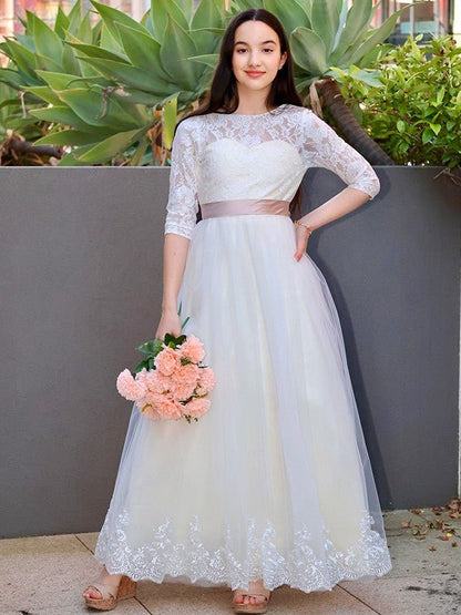 NumberSea - A - Line/Princess Lace Applique Scoop 3/4 Sleeves Floor - Length Junior Bridesmaid Dresses