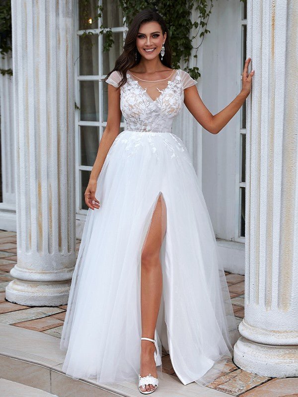 NumberSea - A - Line/Princess Lace Applique Scoop Short Sleeves Sweep/Brush Train Wedding Dresses