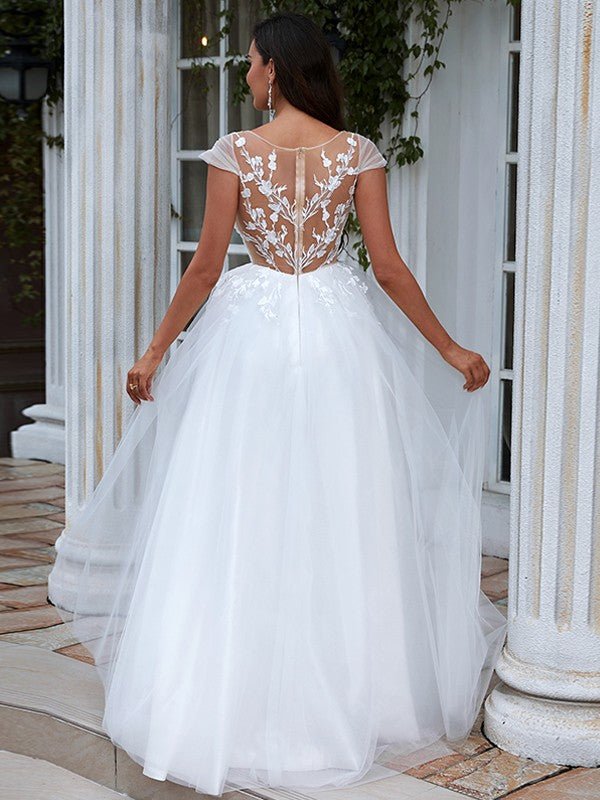 NumberSea - A - Line/Princess Lace Applique Scoop Short Sleeves Sweep/Brush Train Wedding Dresses