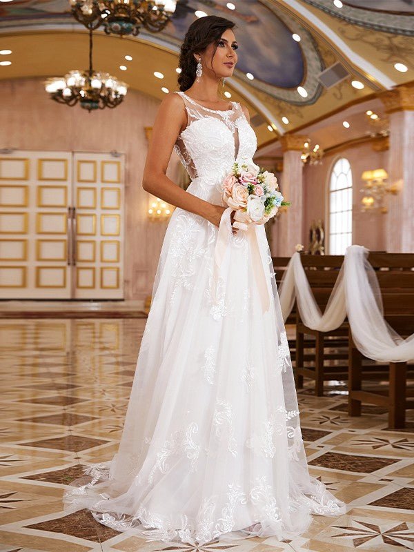 NumberSea - A - Line/Princess Lace Applique Scoop Sleeveless Sweep/Brush Train Wedding Dresses