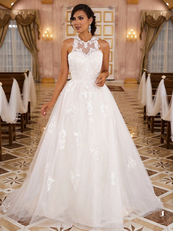 NumberSea - A - Line/Princess Lace Applique Scoop Sleeveless Sweep/Brush Train Wedding Dresses