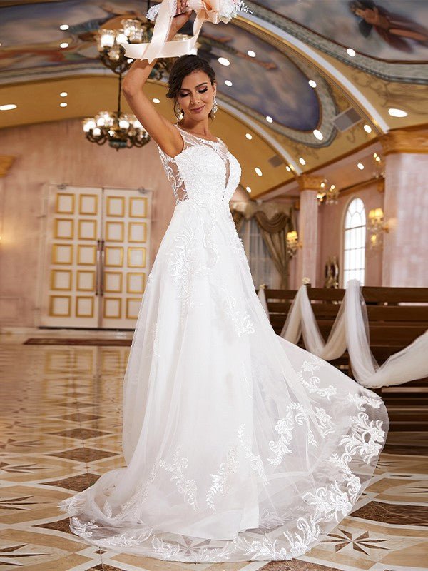 NumberSea - A - Line/Princess Lace Applique Scoop Sleeveless Sweep/Brush Train Wedding Dresses