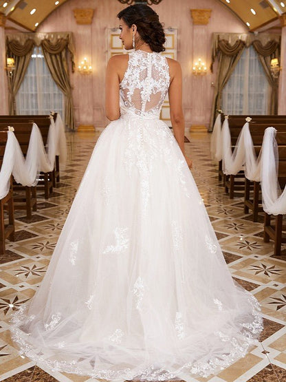 NumberSea - A - Line/Princess Lace Applique Scoop Sleeveless Sweep/Brush Train Wedding Dresses