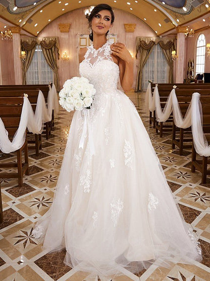 NumberSea - A - Line/Princess Lace Applique Scoop Sleeveless Sweep/Brush Train Wedding Dresses